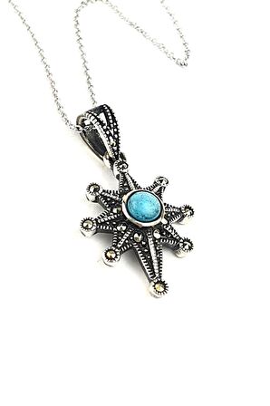 turkuaz taşlı kutup yıldızı figürlü markazit taş detaylı kolye 