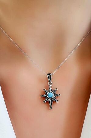 turkuaz taşlı kutup yıldızı figürlü markazit taş detaylı kolye 