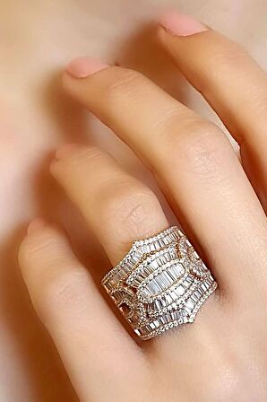 Baget zirkon taşlı italyan 925 ayar gümüş rose lüks yüzük