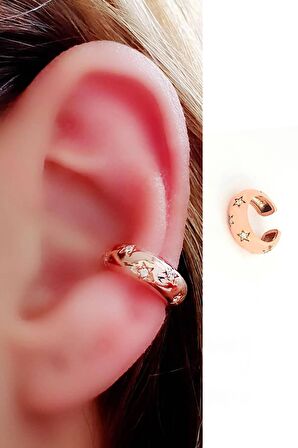 Zirkon taş detaylı yıldız figürlü 925ayar gümüş rose  bombeli sıkıştırmalı kıkırdak küpesi 