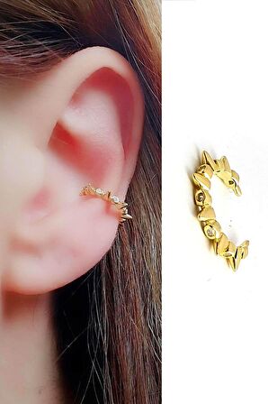 Zirkon taş detaylı 925 ayar gümüş üzerine altın kaplama sıkıştırmalı kıkırdak küpesi