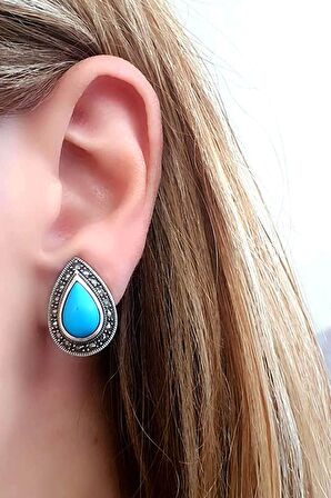 Markazit taş detaylı turkuaz taşlı 925 ayar gümüş klipsli damla küpe 