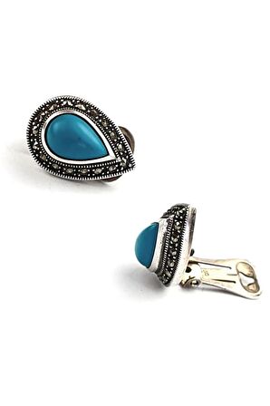 Markazit taş detaylı turkuaz taşlı 925 ayar gümüş klipsli damla küpe 