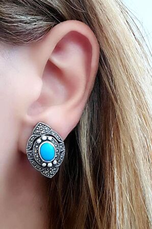 Markazit taş detaylı turkuaz taşlı 925 ayar gümüş klipsli küpe