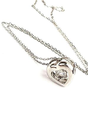 Pırlanta ışıltısında zirkon taşlı 925ayar gümüş kalp figürlü tek taşı hareketli kolye