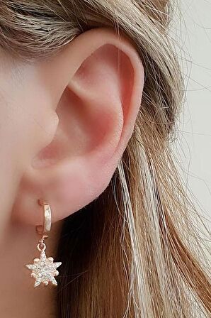 Zirkon taşlı 925 ayar gümüş rose kutup yıldızı sallantılı küpe