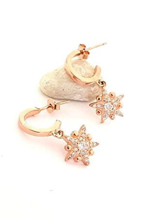 Zirkon taşlı 925 ayar gümüş rose kutup yıldızı sallantılı küpe