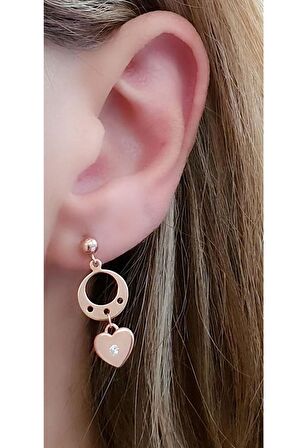 Kalp figürlü zirkon taş detaylı 925 ayar gümüş rose trend küpe 