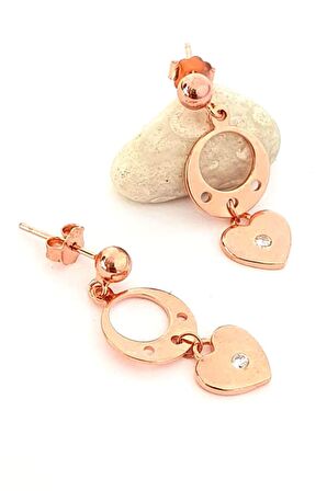 Kalp figürlü zirkon taş detaylı 925 ayar gümüş rose trend küpe 