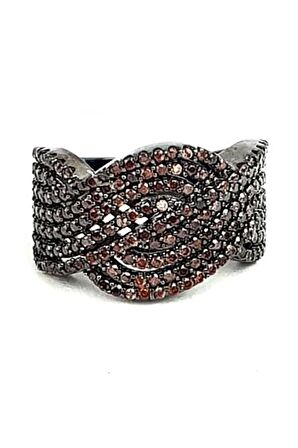 Kahverengi granat taşlı 925 ayar gümüş siyah rodajli lüks yüzük 