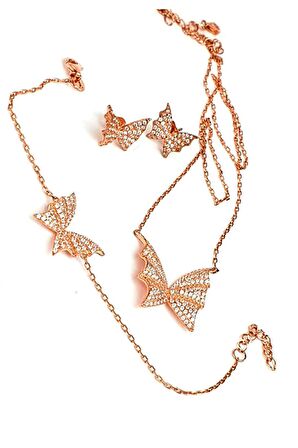 Pırlanta ışıltısında zirkon taşlı italyan tasarımı 925 ayar gümüş rose set takım 