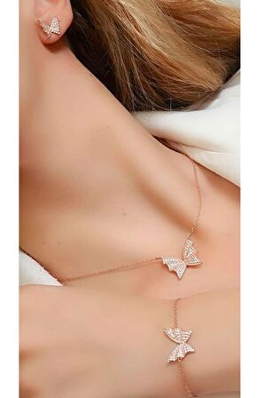 Pırlanta ışıltısında zirkon taşlı italyan tasarımı 925 ayar gümüş rose set takım 