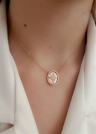 Pırlanta ışıltısında zirkon taşlı 925ayar gümüş rose kutup yıldızı plaka kolye