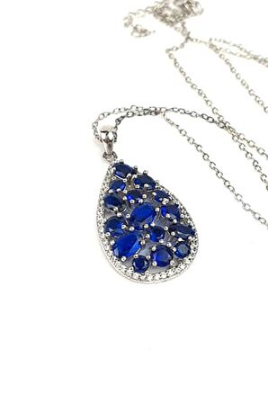 Lacivert zirkon taşlı 925 ayar gümüş damla kolye