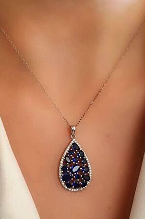 Lacivert zirkon taşlı 925 ayar gümüş damla kolye