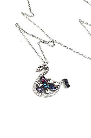 Renkli taşlı 925 ayar gümüş kuğu kolye