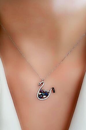 Renkli taşlı 925 ayar gümüş kuğu kolye