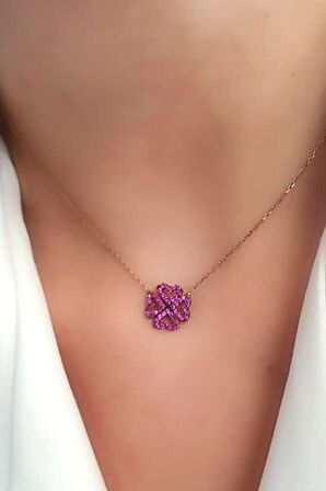 Pembe zirkon taşlı 925 ayar gümüş rose yonca kolye