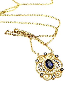 Lacivert zirkon taşlı gümüş üzerine altın kaplama kolye