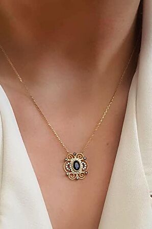 Lacivert zirkon taşlı gümüş üzerine altın kaplama kolye