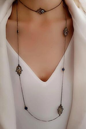 altın kaplama siyah rodajlı 925ayar gümüş   fatmanın eli figürlü uzun zincir kolye