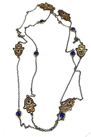 altın kaplama siyah rodajlı 925ayar gümüş   fatmanın eli figürlü uzun zincir kolye