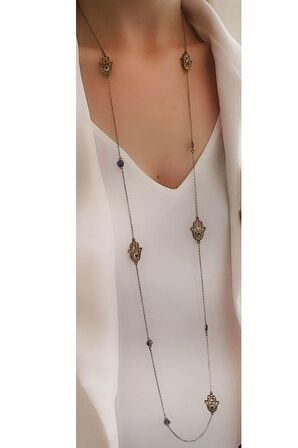 altın kaplama siyah rodajlı 925ayar gümüş   fatmanın eli figürlü uzun zincir kolye