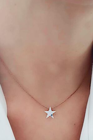 Yıldız figürlü sedef üzerine nazar boncuklu 925 ayar gümüş rose kolye 