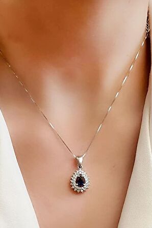 Pırlanta ışıltısında zirkon taşlı lacivert 925 ayar gümüş damla kolye 