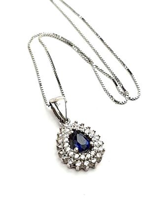 Pırlanta ışıltısında zirkon taşlı lacivert 925 ayar gümüş damla kolye 