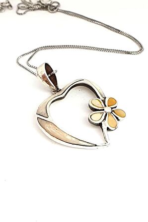 Sedef taş işlemeli tasarım gümüş kalp çiçek figürlü kolye 