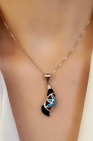 Turkuaz ve oniks taşlı 925 ayar gümüş modern kolye