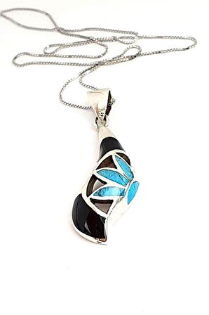 Turkuaz ve oniks taşlı 925 ayar gümüş modern kolye