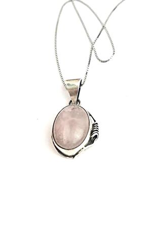 Tasarım el işi 925 ayar gümüş pembe kuvars taşlı kolye 