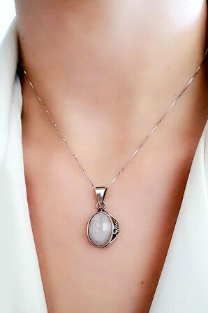 Tasarım el işi 925 ayar gümüş pembe kuvars taşlı kolye 