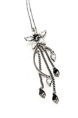 Zirkon ve oniks  taşlı 925ayar gümüş tasarım çiçek figürlü kolye