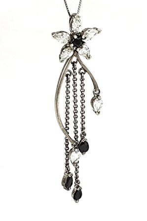 Zirkon ve oniks  taşlı 925ayar gümüş tasarım çiçek figürlü kolye