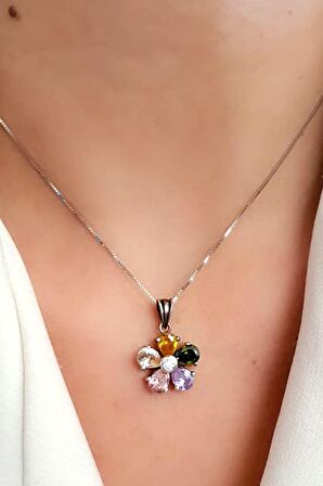 Renkli zirkon taşlı 925 ayar gümüş tasarım çiçek kolye