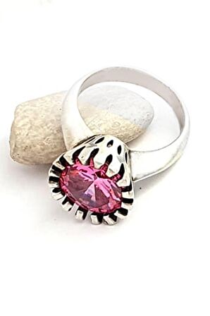 Pembe zirkon taşlı gümüş tektaş yüzük