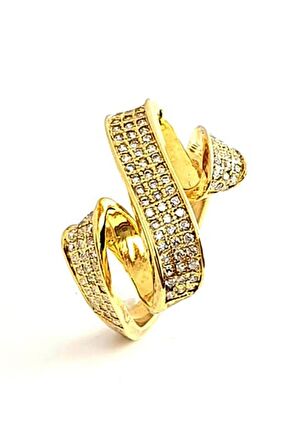 Zirkon taş detaylı italyan tasarımı gümüş üzerine altın kaplama modern yüzük 