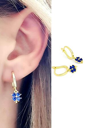 Lacivert zirkon taşlı 925 ayar gümüş üzerine altın kaplama yonca küpe 