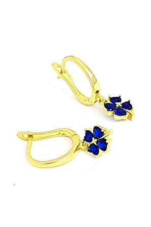 Lacivert zirkon taşlı 925 ayar gümüş üzerine altın kaplama yonca küpe 