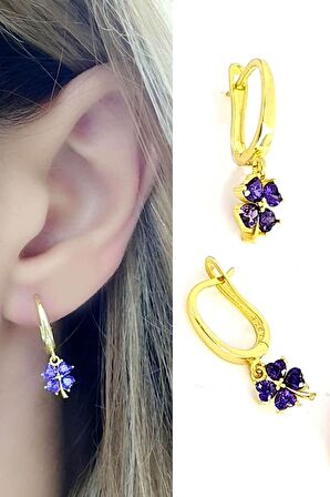 Ametist taşlı 925 ayar gümüş üzerine altın kaplama yonca küpe 