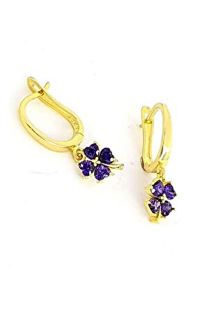 Ametist taşlı 925 ayar gümüş üzerine altın kaplama yonca küpe 