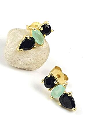 Kalsedon ve oniks taşlı 925ayar gümüş üzerine altın kaplama tasarım küpe 