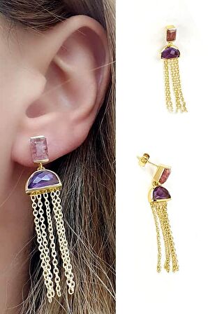 Pembe turmalin ve Ametist taşlı 925 ayar gümüş tasarım küpe 