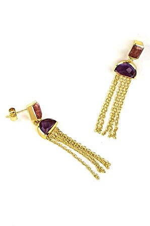 Pembe turmalin ve Ametist taşlı 925 ayar gümüş tasarım küpe 