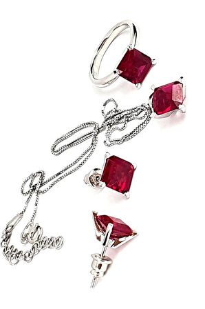 skydiamond Red creative rubies 925ayar gümüş kare modern set takım
