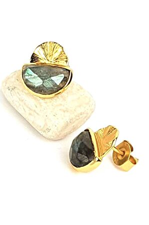 labrodorite taşlı 925 ayar gümüş üzerine altın kaplama tasarım küpe