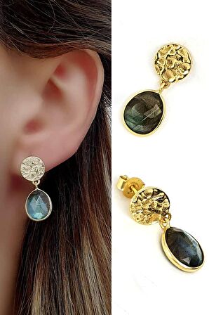 labradorit taşlı 925ayar gümüş tasarım gümüş üzerine altın kaplama küpe